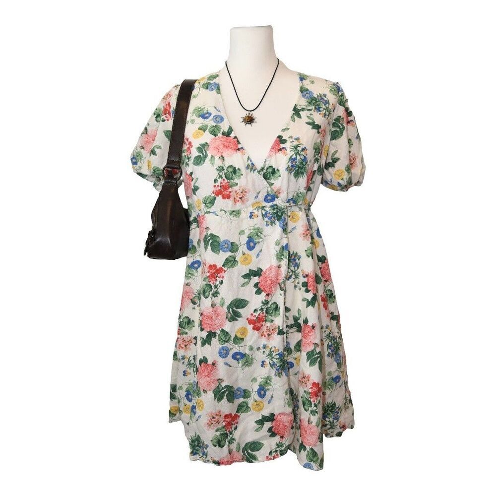 OLD NAVY White Floral Linen Blend Puff Sleeve Wrap Dress M Cottagecore Prairie